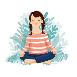 Girl meditating sitting cross legged next to green bush 