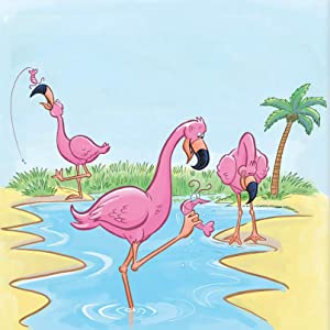 pink flamingos catching fish in the water standing on the shore of a palm tree