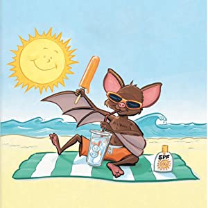 A bat wearing sunglasses sits on a beach on a towel in the sun eating ice cream 