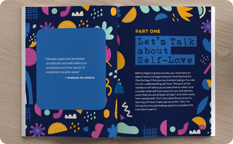 Full spread layout of the book of Part 1 "Let's talk about self-love. "taking to reflect..."